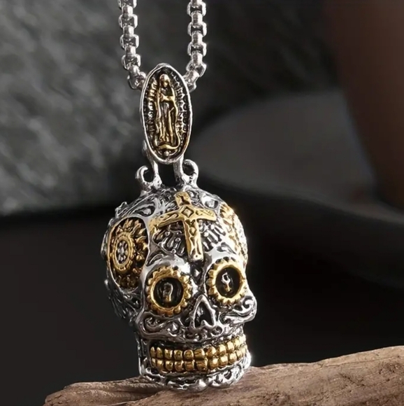 New! MEN'S Day of the Dead Dia de los Muertos Skull Pendant Necklace. - Picture 3 of 8
